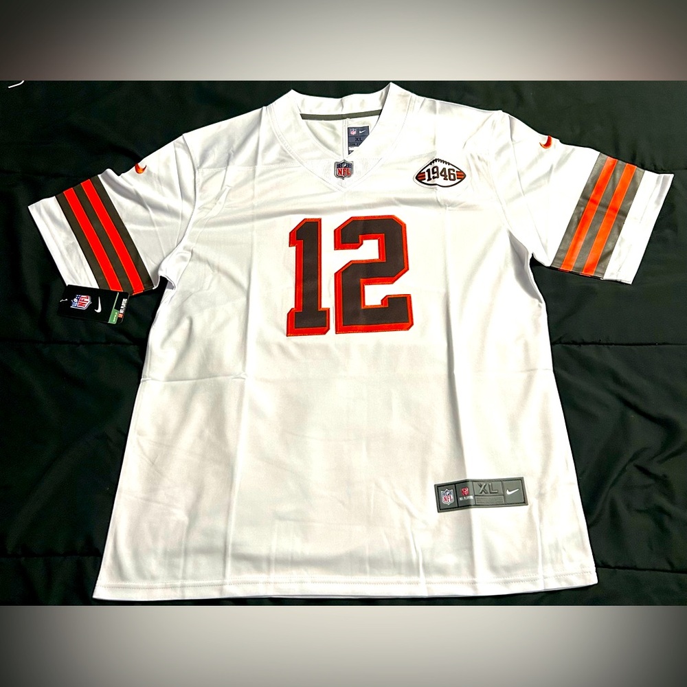 Nike Men's White and Orange Cleveland Football Jersey